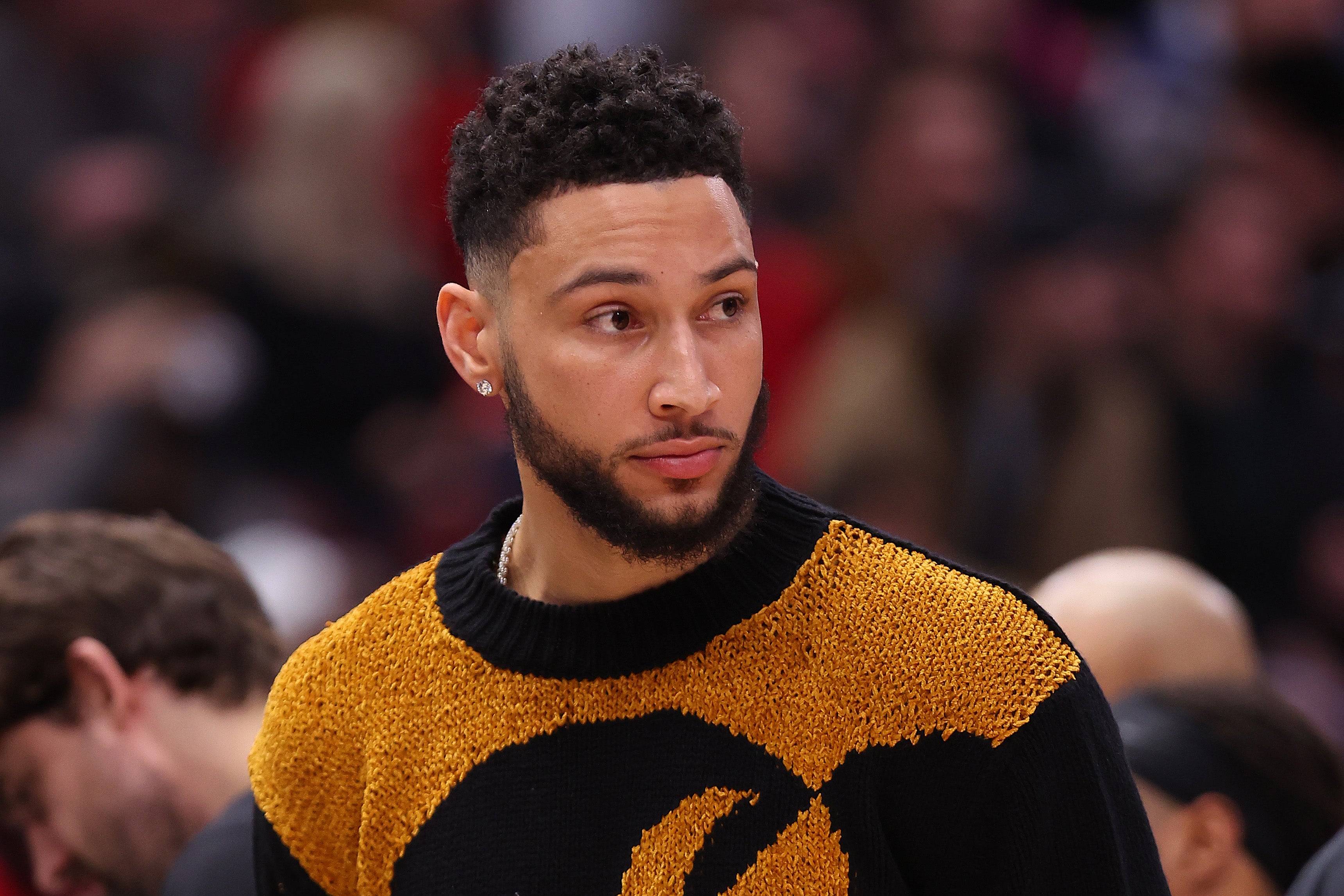 Ben Simmons #10 of the Brooklyn Nets looks on during the first half at United Center on February 24, 2023
