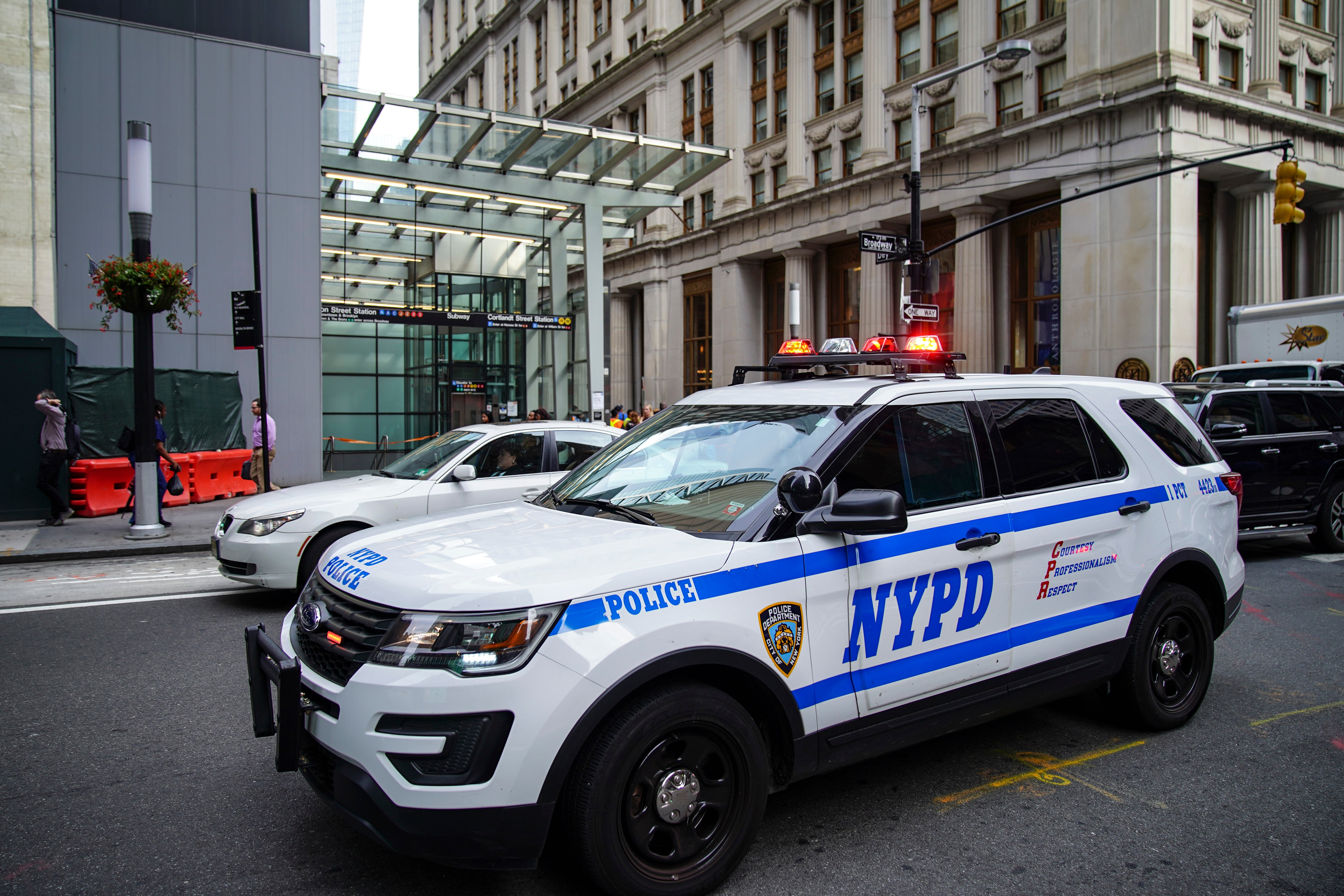 NYPD police vehicles respond near the scene of a suspicious package near the Fulton Street subway station in Lower Manhattan on August 16, 2019 in New York City.