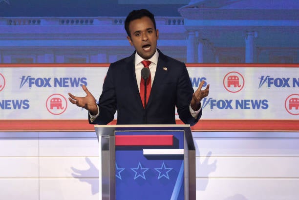 Republican presidential candidate Vivek Ramaswamy during the first debate of the GOP primary season on 23 August 2023 in Milwaukee