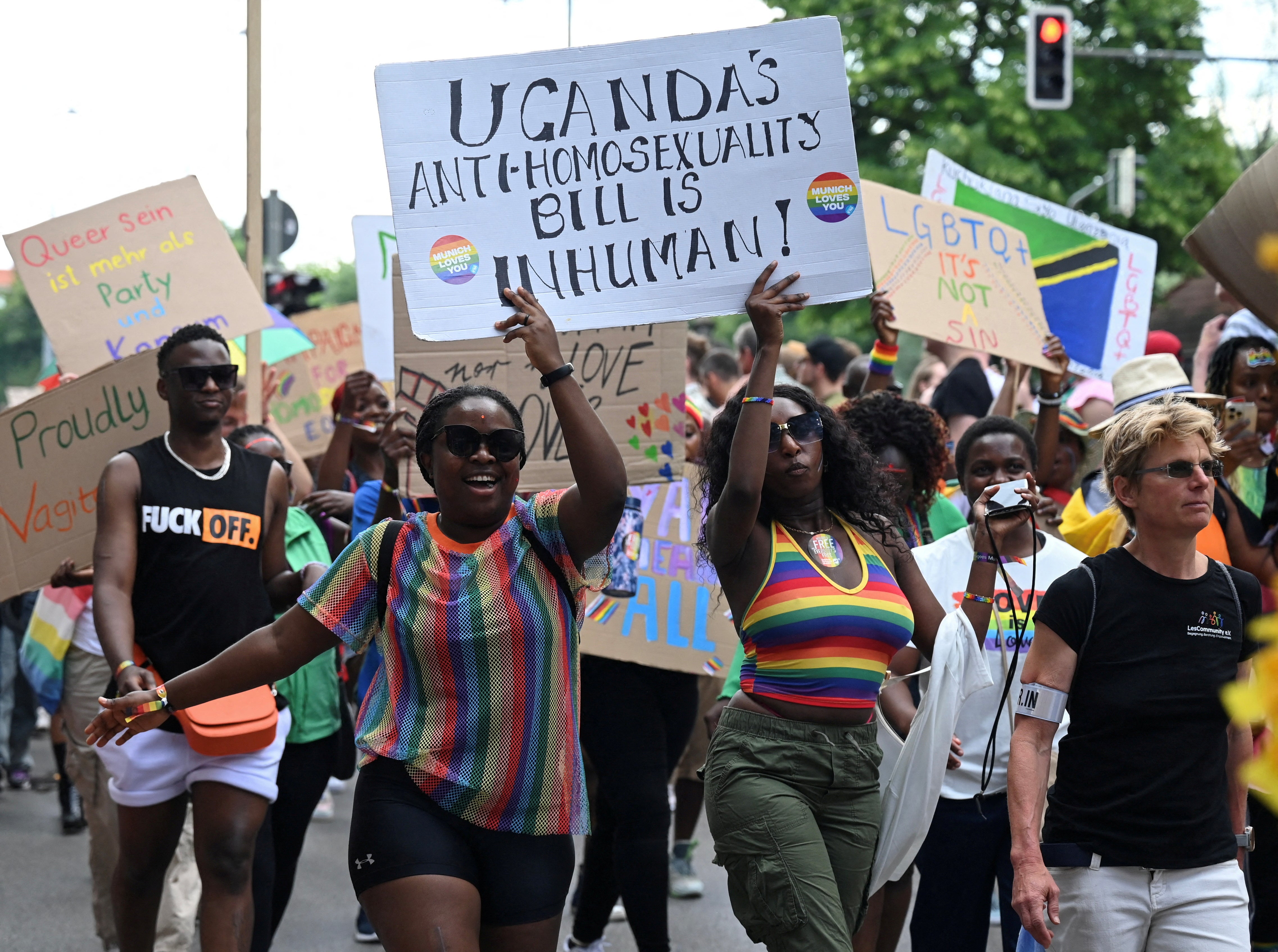 Protesters against Uganda’s anti-gay laws during the Christopher Street Day Pride march in Munich, 24 June 2023