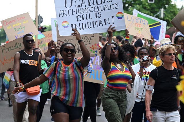 <p>Protesters against Uganda’s anti-gay laws during the Christopher Street Day Pride march in Munich, 24 June 2023</p>