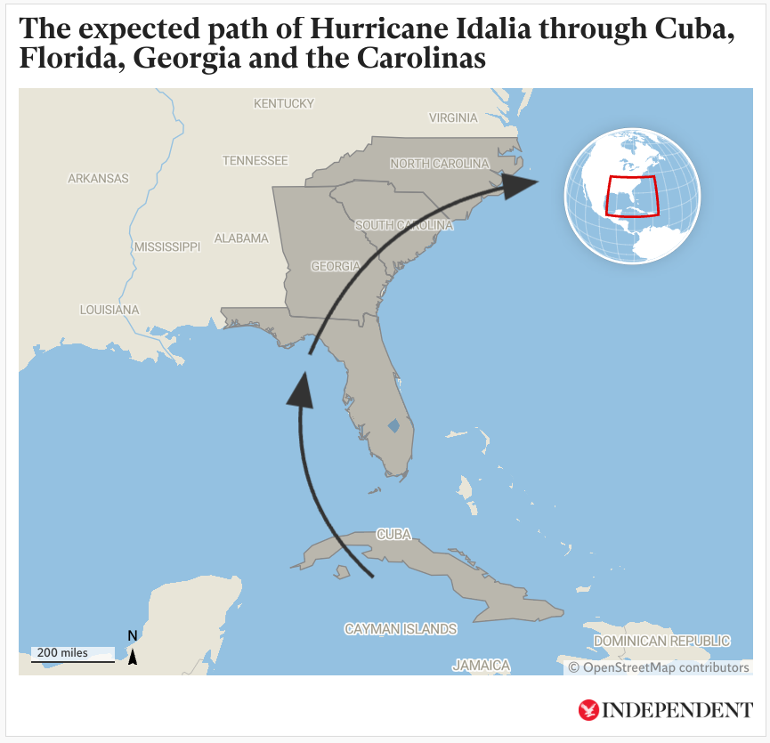 A map to show the expected route of Hurricane Idalia as it passes through Cuba, Florida, Georgia and the Carolinas into the Atlantic