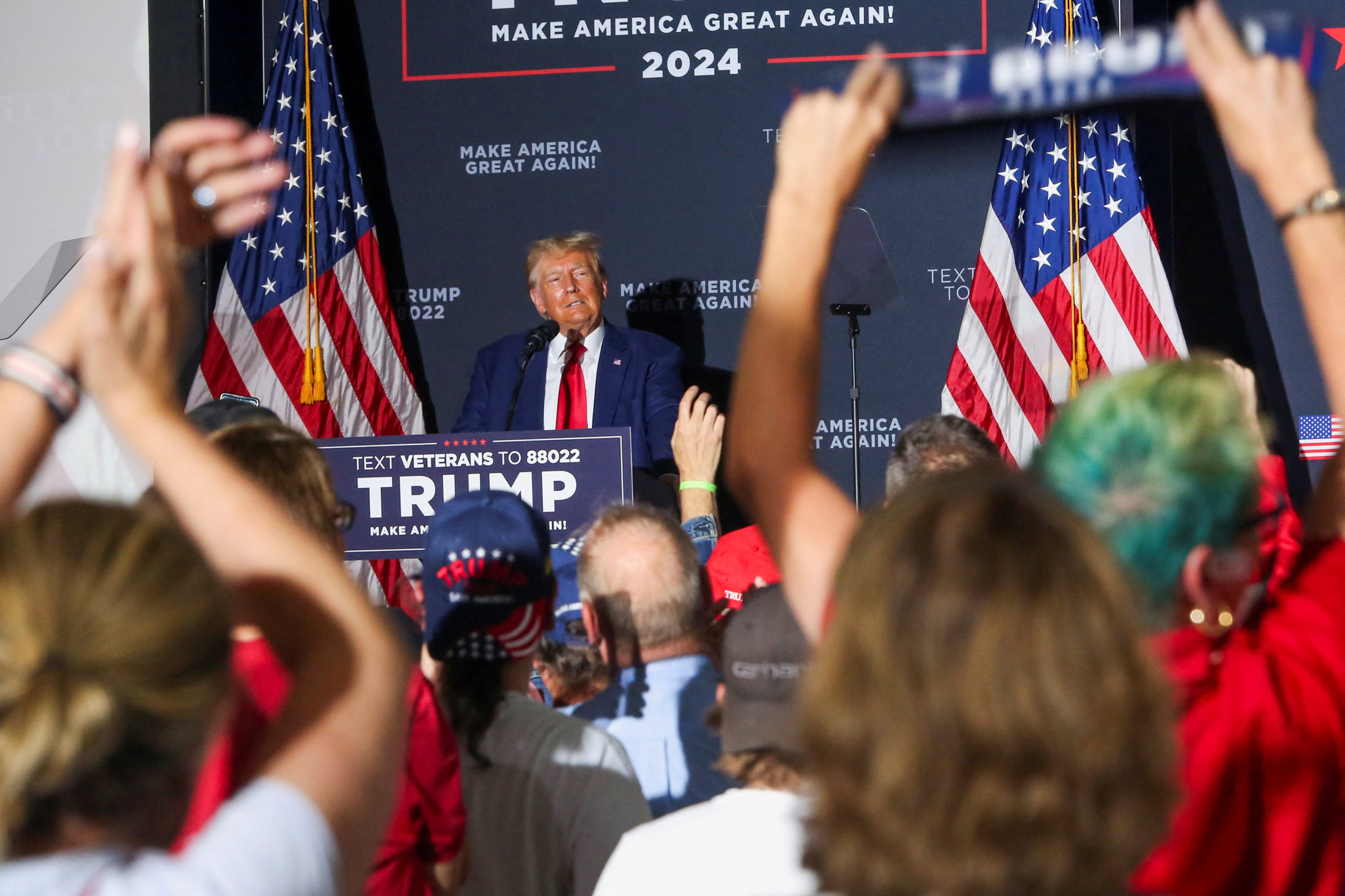 Former U.S. President and Republican presidential candidate Donald Trump speaks during a campaign rally in Windham, New Hampshire, U.S., August 8, 2023