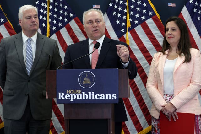 <p>House Majority Leader Steve Scalise at a press conference with Republican leadership</p>