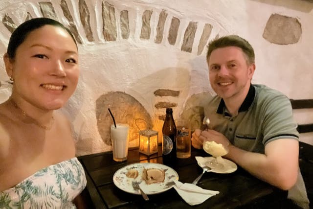 <p>Lucy Chang and Iain Hawthorn pictured ‘during happier times’ on a visit to Symi, near Rhodes</p>