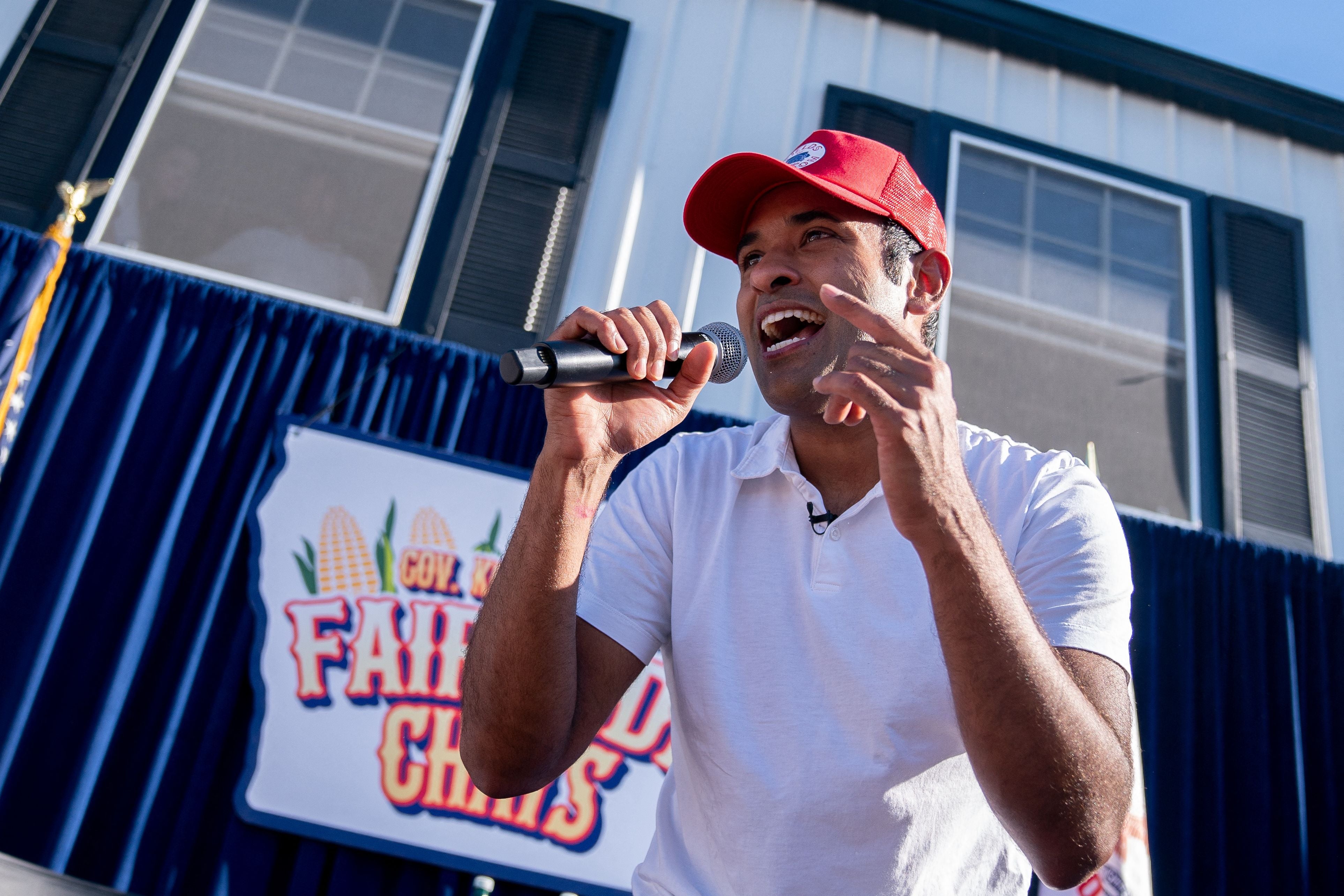 Vivek Ramaswamy raps after doing a Fair Side Chat with Governor Kim Reynolds, at the Iowa State Fair in Des Moines, Iowa