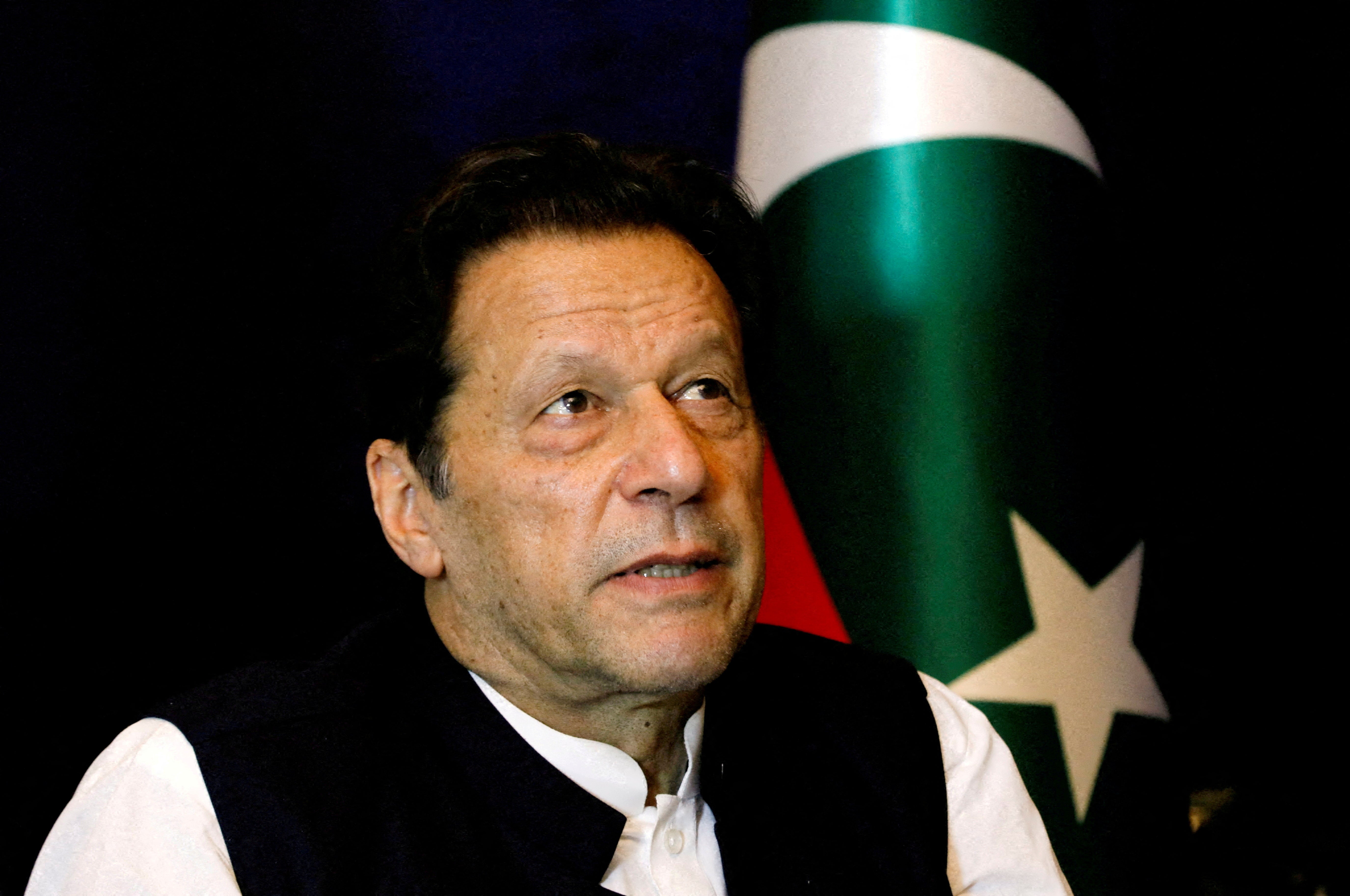 <p>Former Pakistani prime minister Imran Khan pauses during an interview in Lahore, Pakistan on 17 March 2023</p>