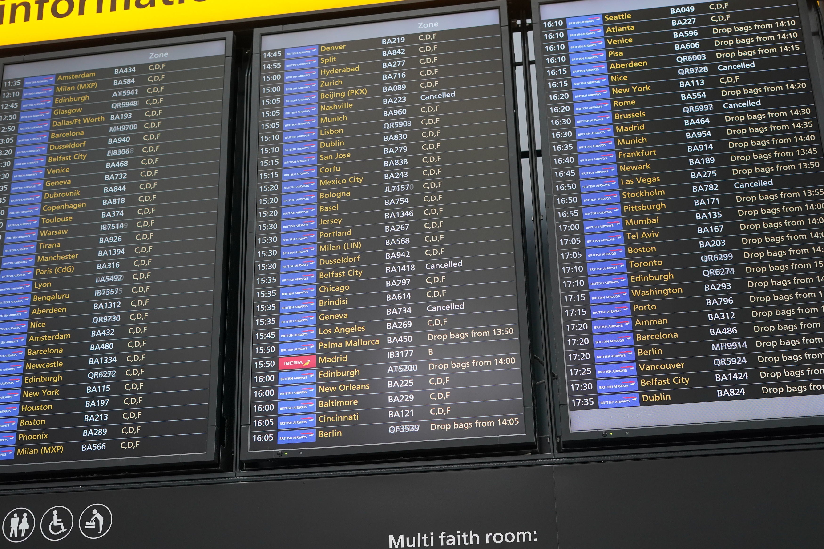 A departure board at Heathrow Airport as disruption from air traffic control issues continues across the UK and Ireland