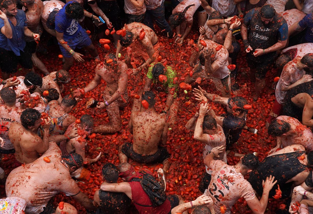 Streets awash with red pulp as Spanish town holds tomato-hurling festival