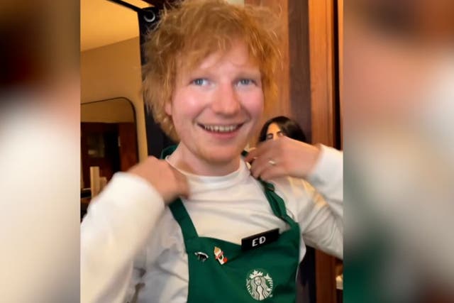 <p>Ed Sheeran serves up Pumpkin Spice Lattes to surprised Starbucks customers.</p>