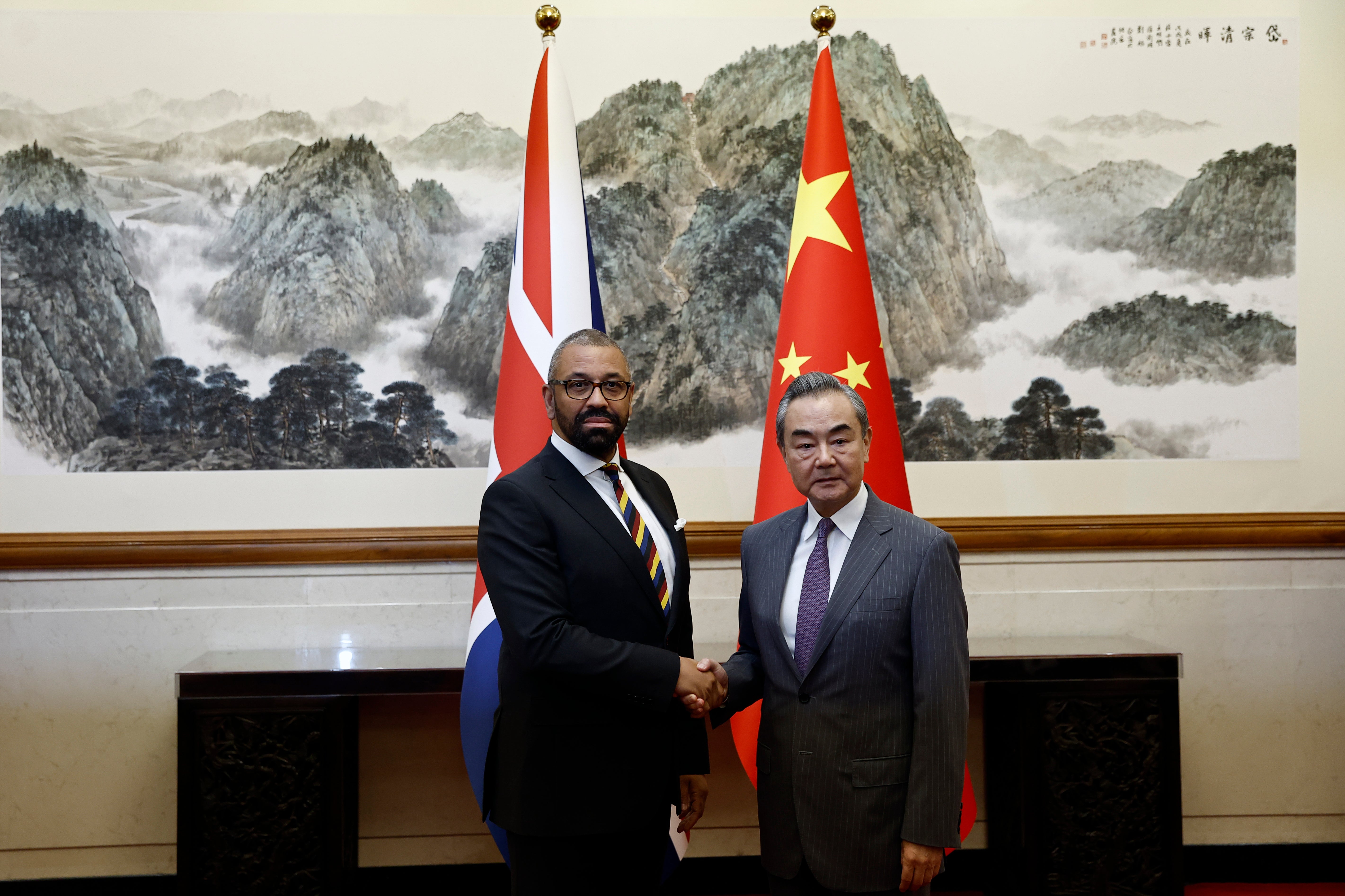 British foreign secretary James Cleverly with Chinese foreign minister Wang Yi in August this year