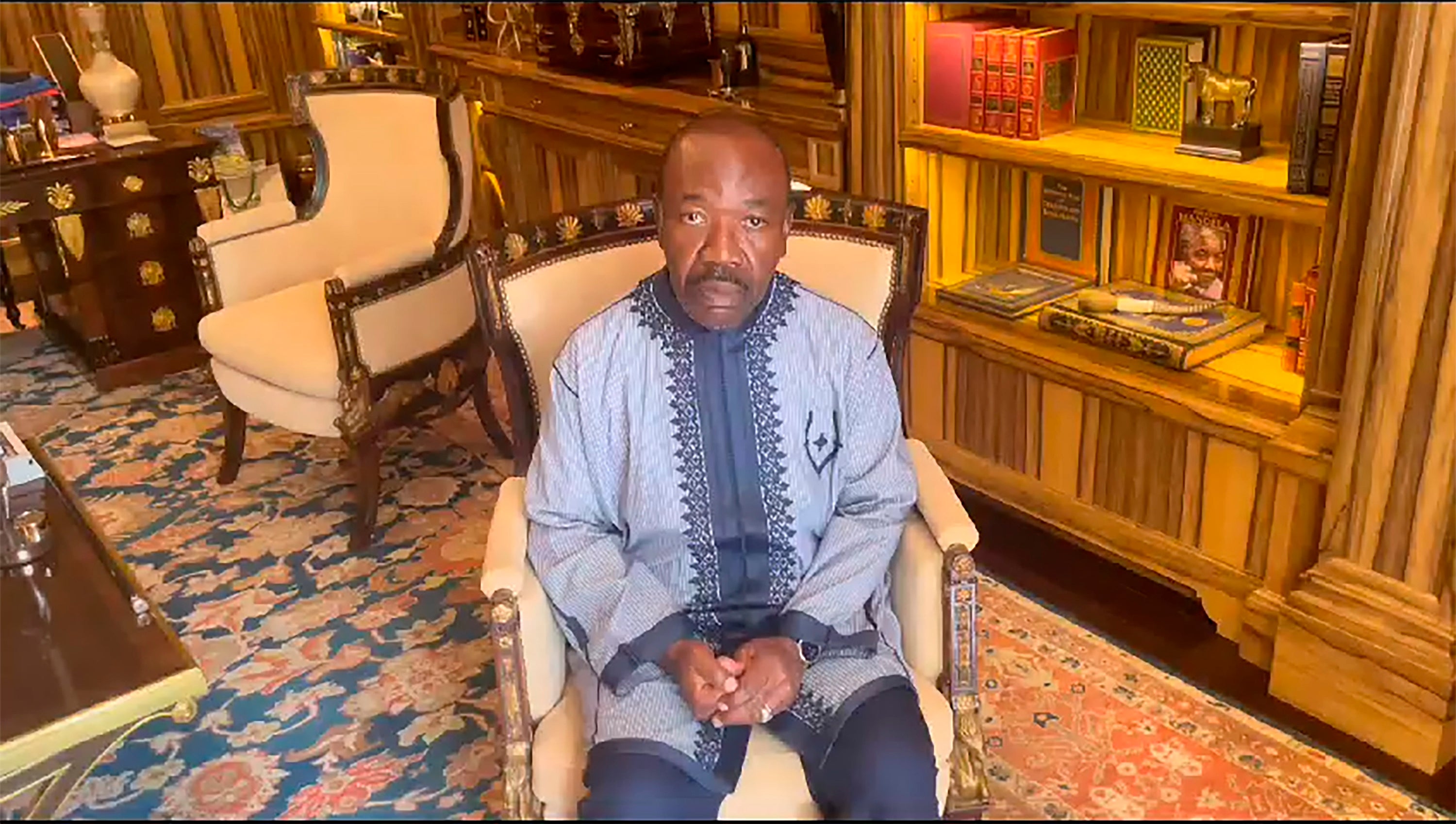 Gabon president Ali Bongo Ondimba records a video from his residence in Libreville, calling on supporters to make ‘noise’