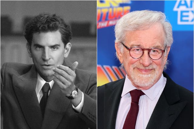<p>Bradley Cooper in ‘Maestro’ (left) and Steven Spielberg</p>