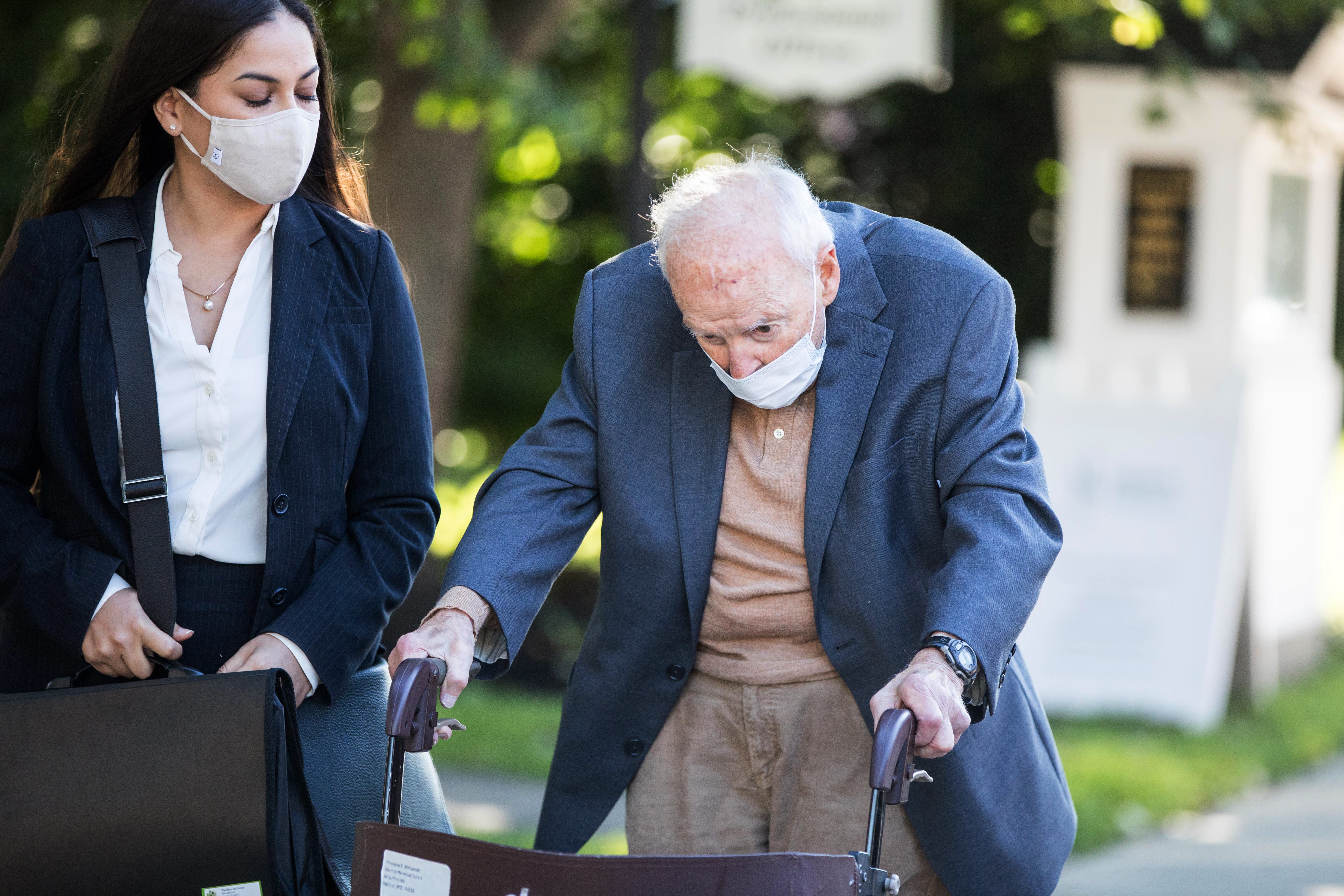 Former Cardinal Theodore McCarrick arrives at the Dedham courthouse for his first appearance for sexual assault charges on September 3, 2021 in Dedham, Massachusetts.