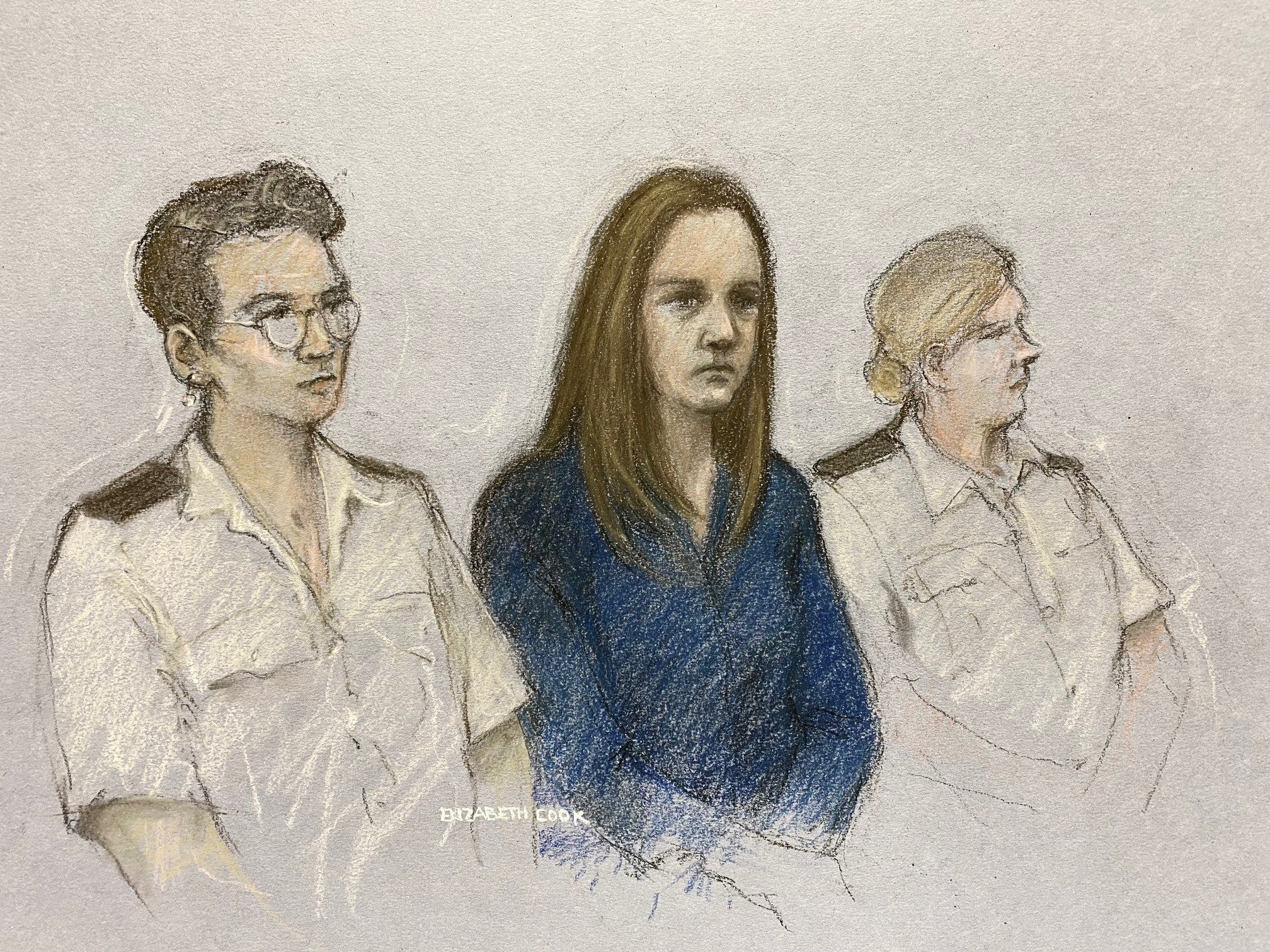 Letby is depicted listening to the verdicts being read at Manchester Crown Court, 10 August 2023