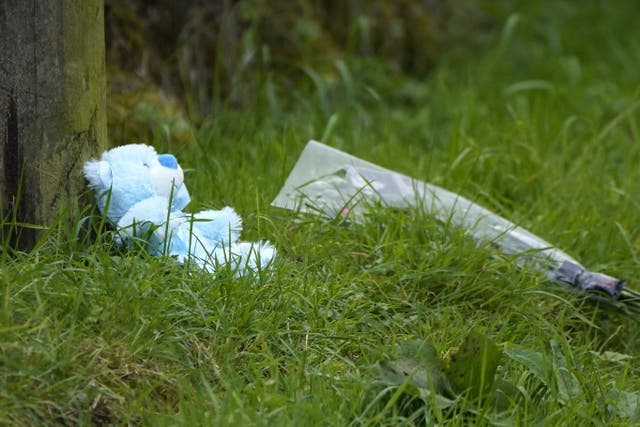 A teddy bear and flowers are left at the scene where a man, woman and infant boy died in a road crash in Co Tipperary. The single vehicle collision occurred shortly before 9pm on Tuesday when a car hit a wall in the Windmill Knockbulloge area of Cashel (Niall Carson/PA)
