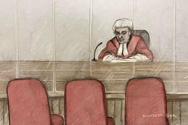 Court artist drawing by Elizabeth Cook of empty chairs in court after nurse Lucy Letby refused to attend Manchester Crown Court during her trial (Elizabeth Cook, PA)