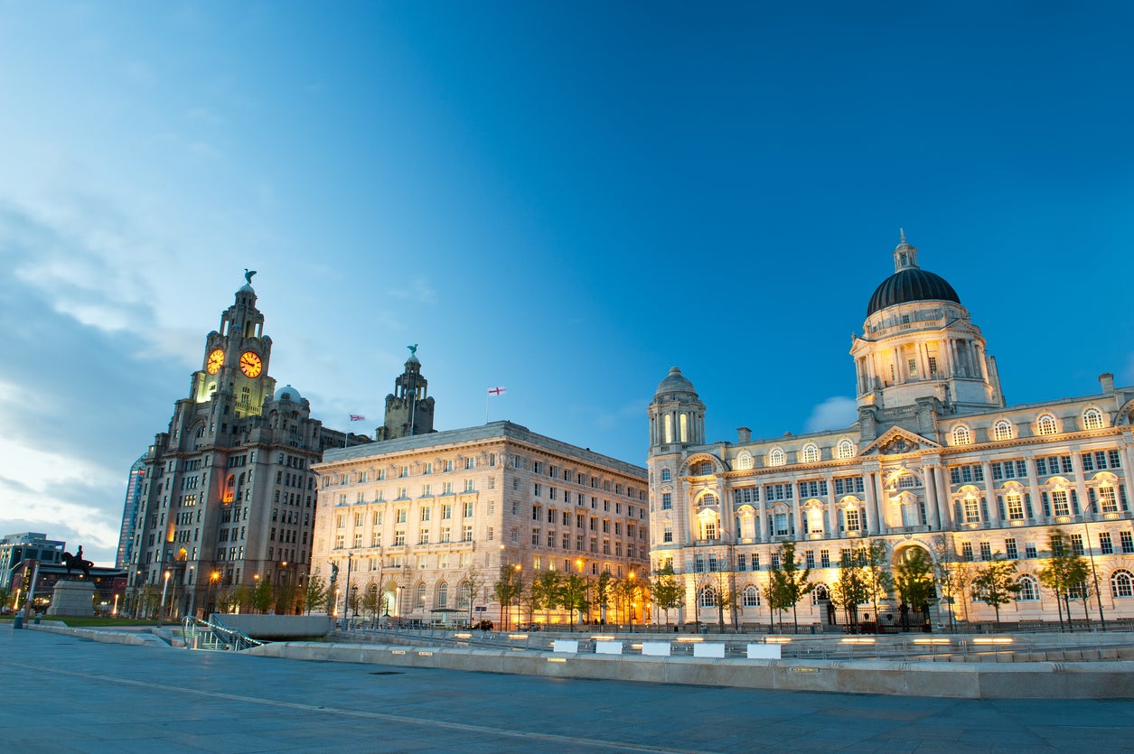 Liverpool’s Three Graces on the waterfront at night
