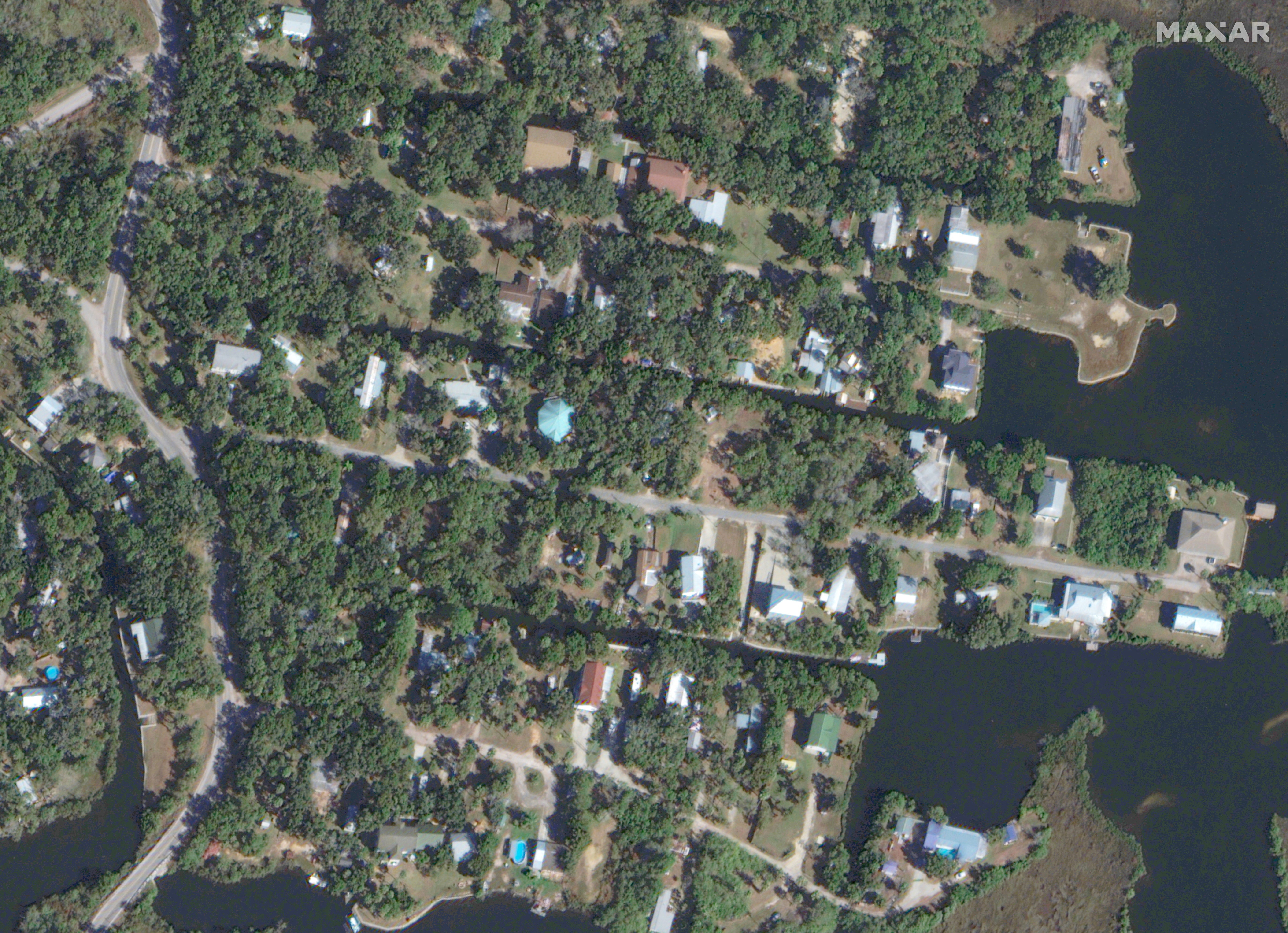 A satellite view shows Ozello before flooding caused by Hurricane Idalia in Florida