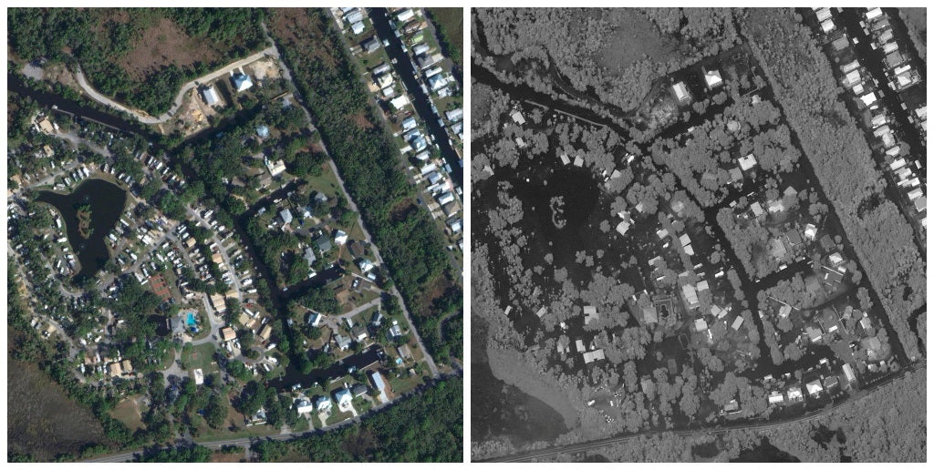 A combination picture shows satellite images of Crystal River before flooding (L) on January 12, 2023, and flooding in the aftermath of Hurricane Idalia in Florida