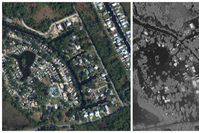 <p>A combination picture shows satellite images of Crystal River before flooding (L) on January 12, 2023, and flooding in the aftermath of Hurricane Idalia in Florida</p>