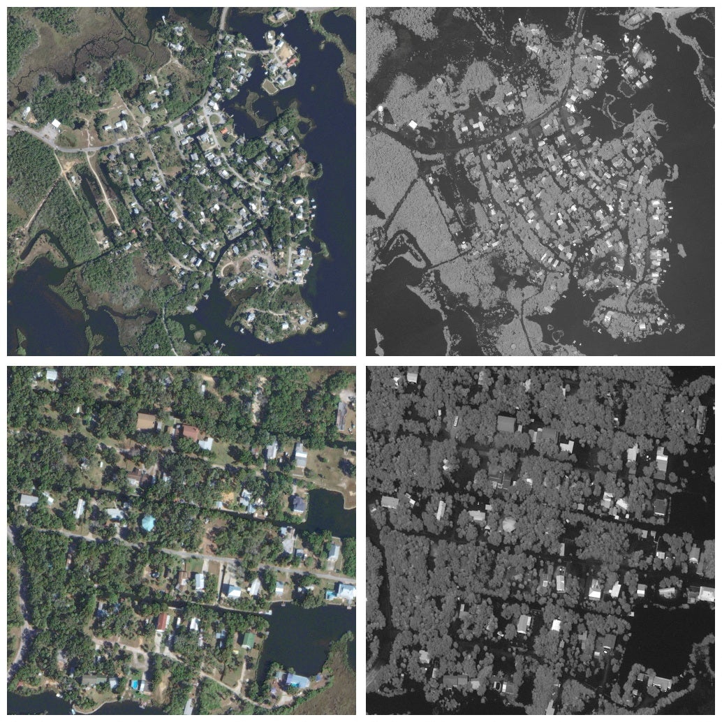 A combination picture shows satellite images of Ozello before flooding and after flooding