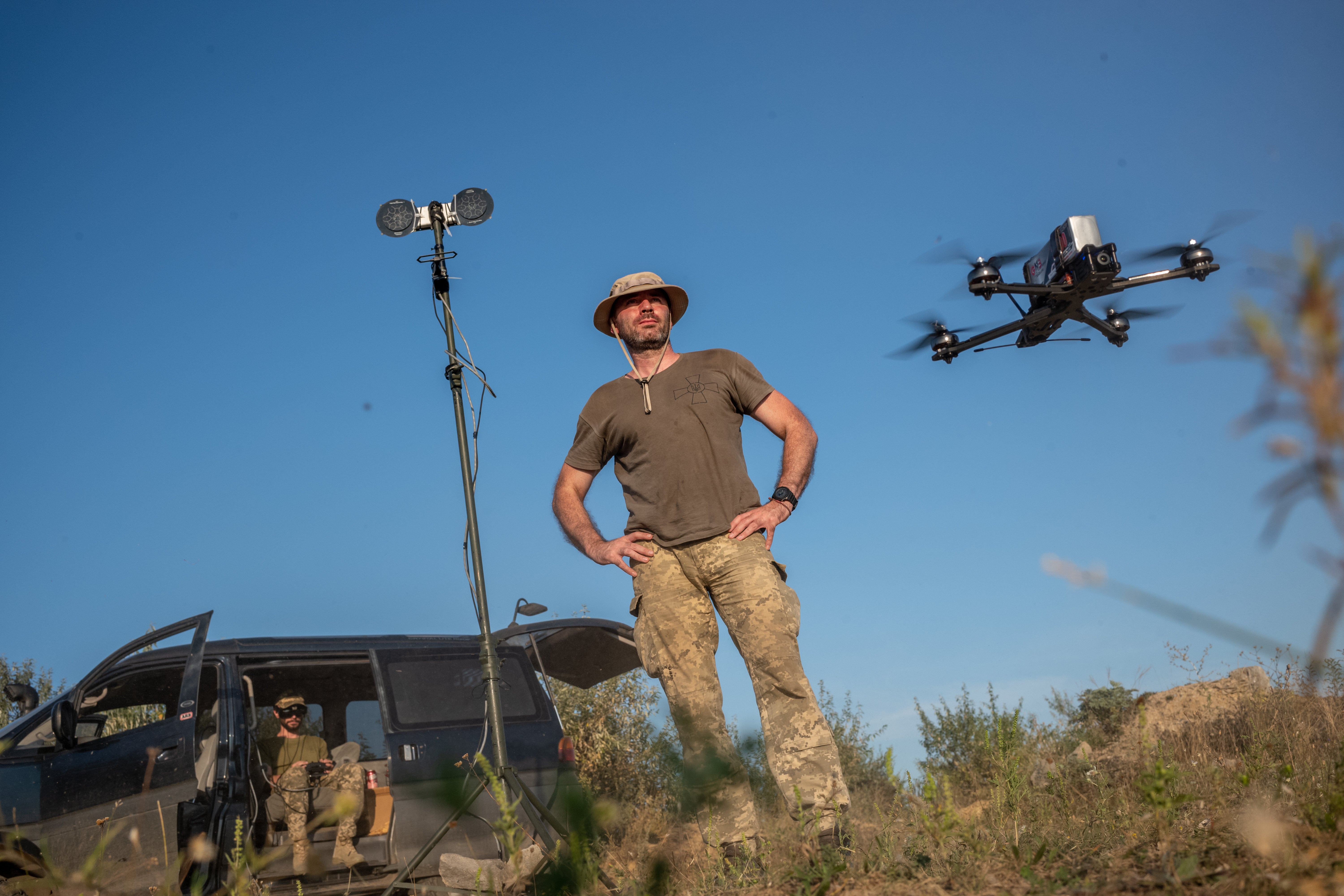 A Ukrainian soldier of 24th brigade prepares equipment of FPV drones