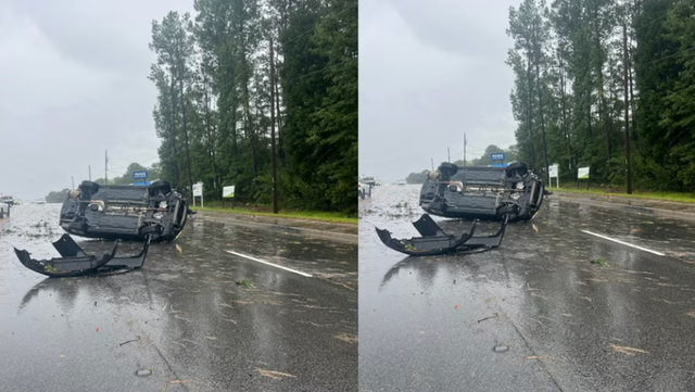 <p>Car flipped up by the storm </p>