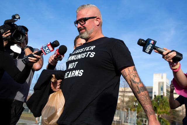 <p>Proud Boys organizer Joseph Biggs walks from the George C. Young Federal Annex Courthouse in Orlando, Florida, Jan. 20, 2021, after a court hearing regarding his involvement in riot at the U.S. Capitol </p>