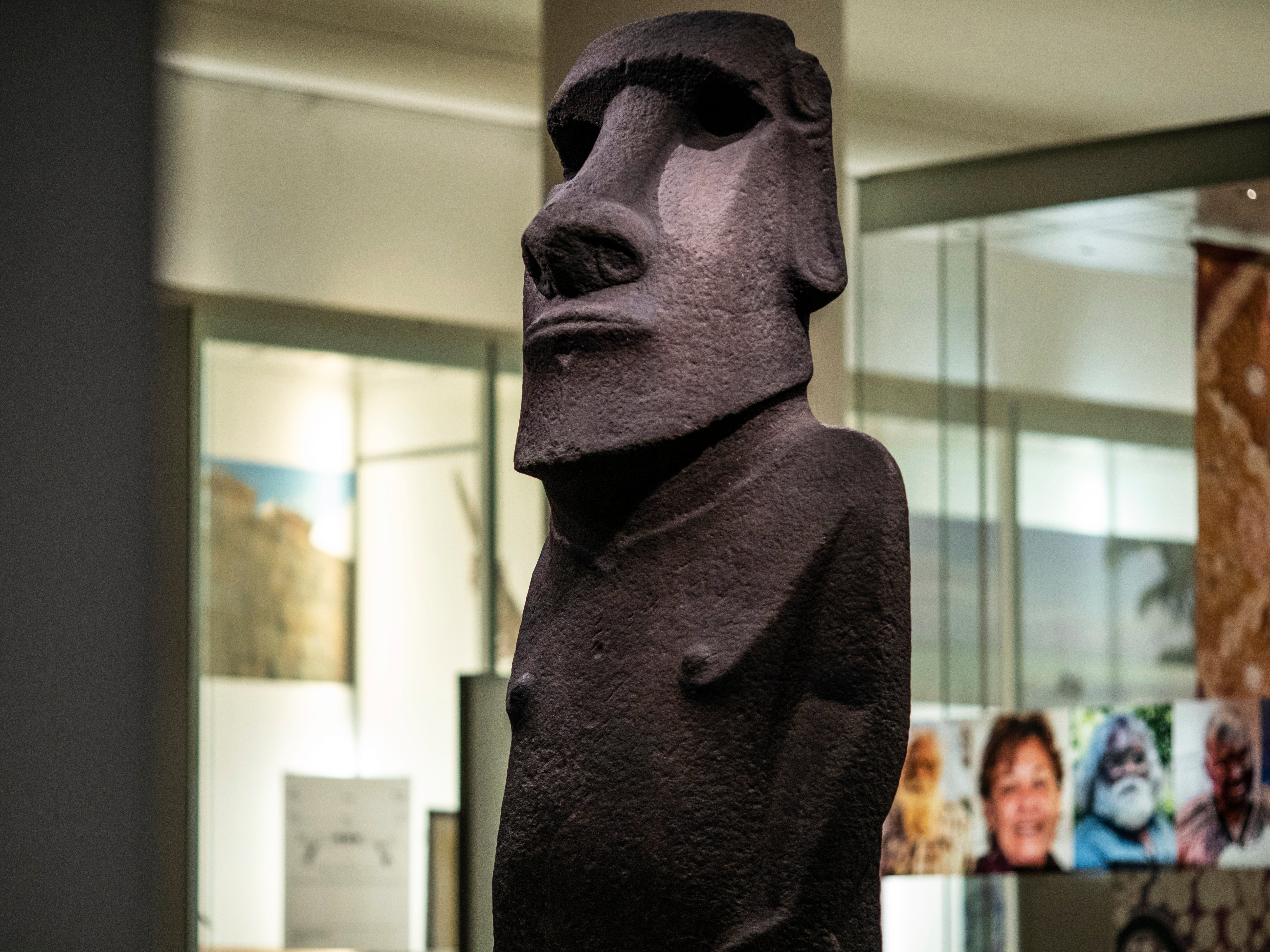 Hoa Hakananai’a, a basalt Easter Island head, is displayed at the British Museum