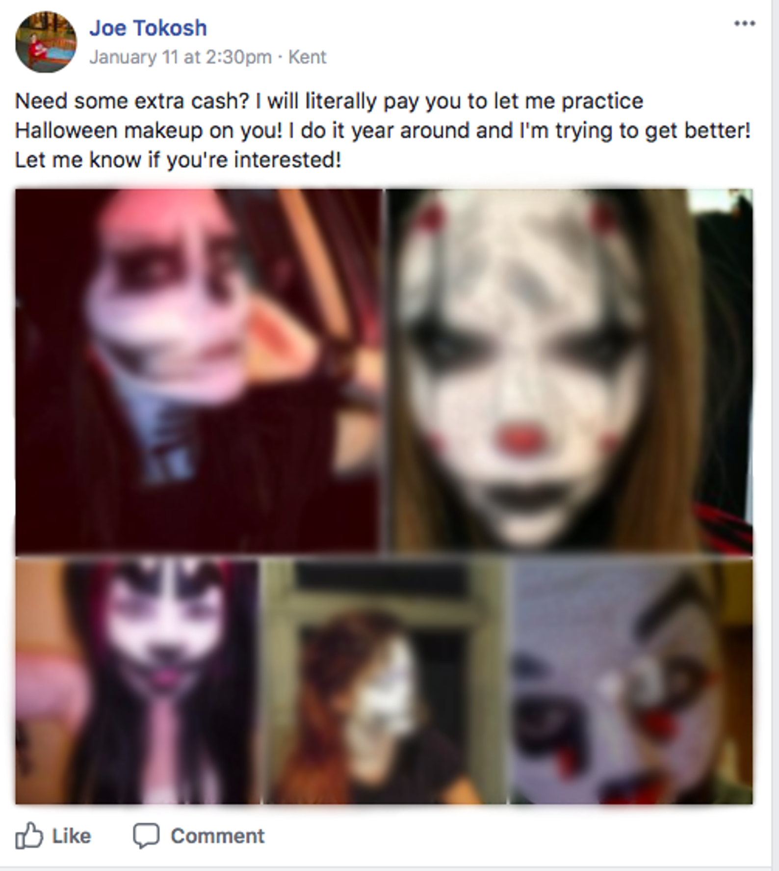 Joseph Tokosh would request pictures of painted clown faces from students in exchange for money