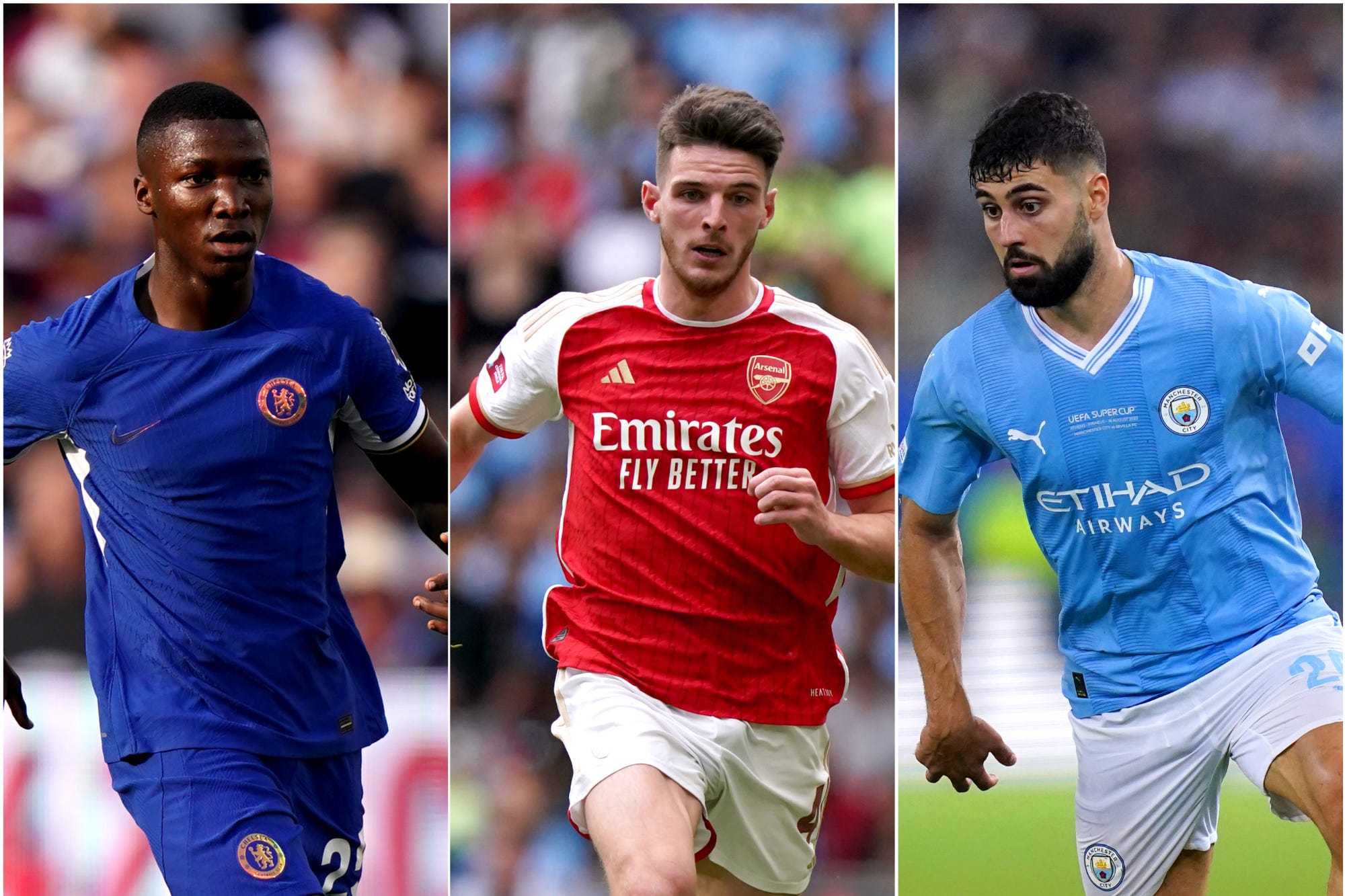 Moises Caicedo, Declan Rice and Josko Gvardiol (left to right) are the highest-priced Premier League signings this summer (John Walton/Adam Davy/PA)
