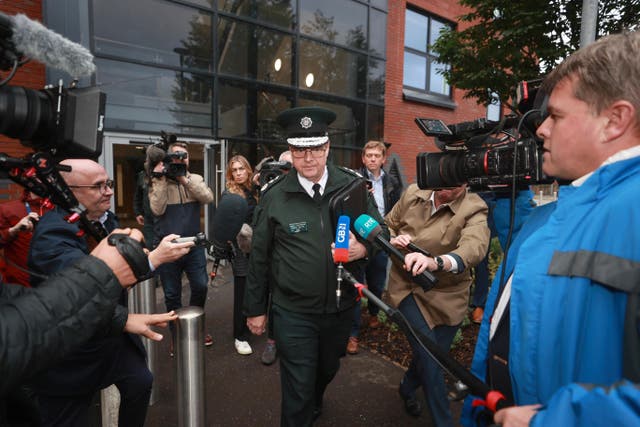 Police Service of Northern Ireland Chief Constable Simon Byrne leaves James House in Belfast after a special meeting of the Policing Board (Liam McBurney/PA)