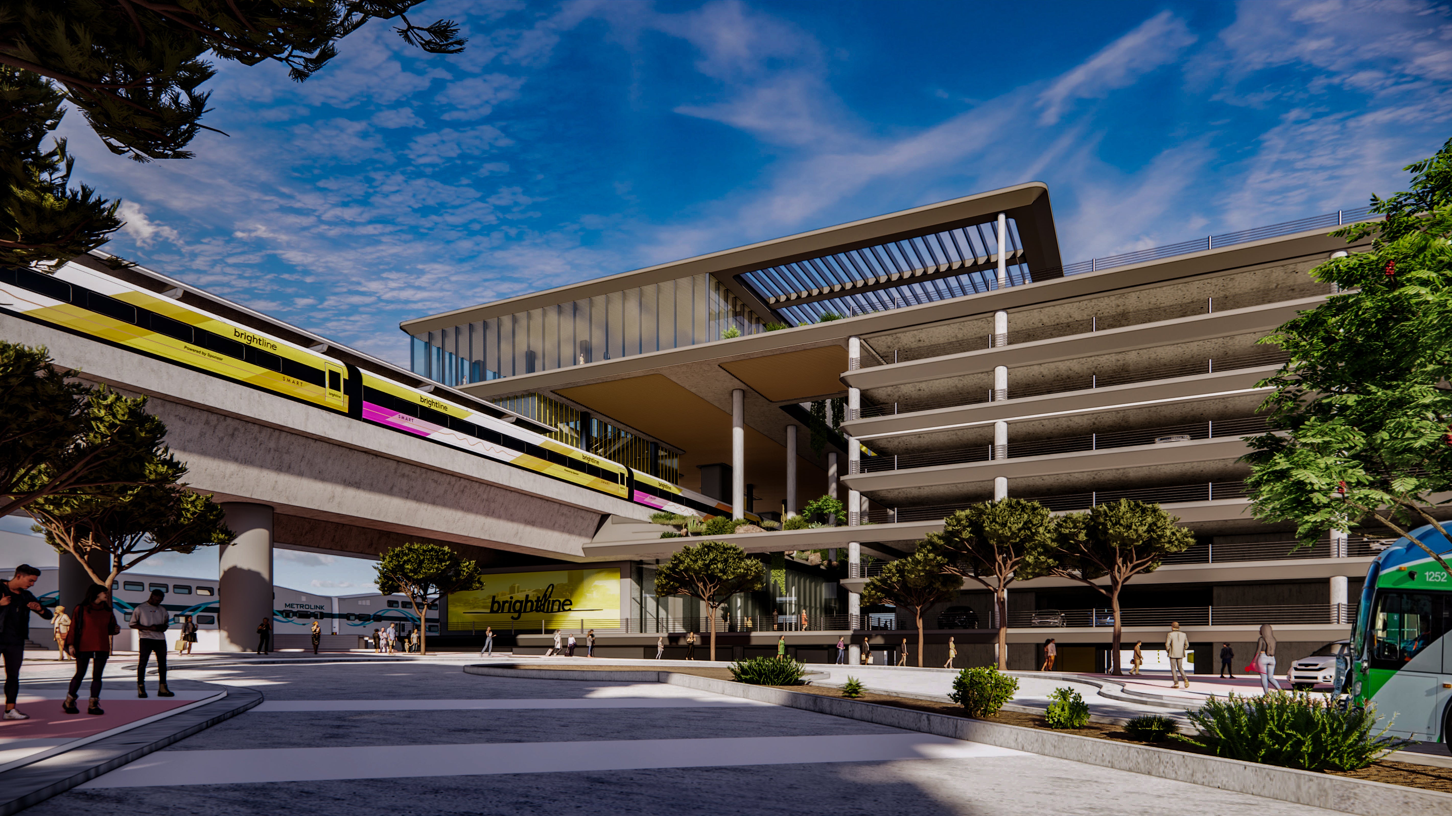 A rendering of the Rancho Cucamonga station in Southern California planned by Brightline