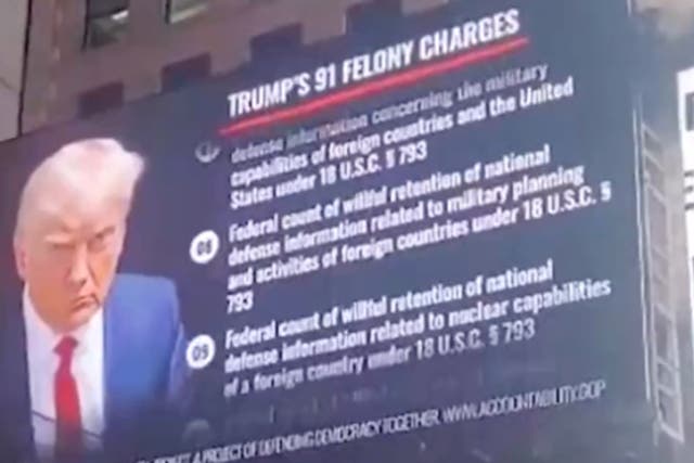 <p>The Republican Accountability Project launched a new campaign targeting Donald Trump by listing his 91 felony charges on a Times Square billboard</p>