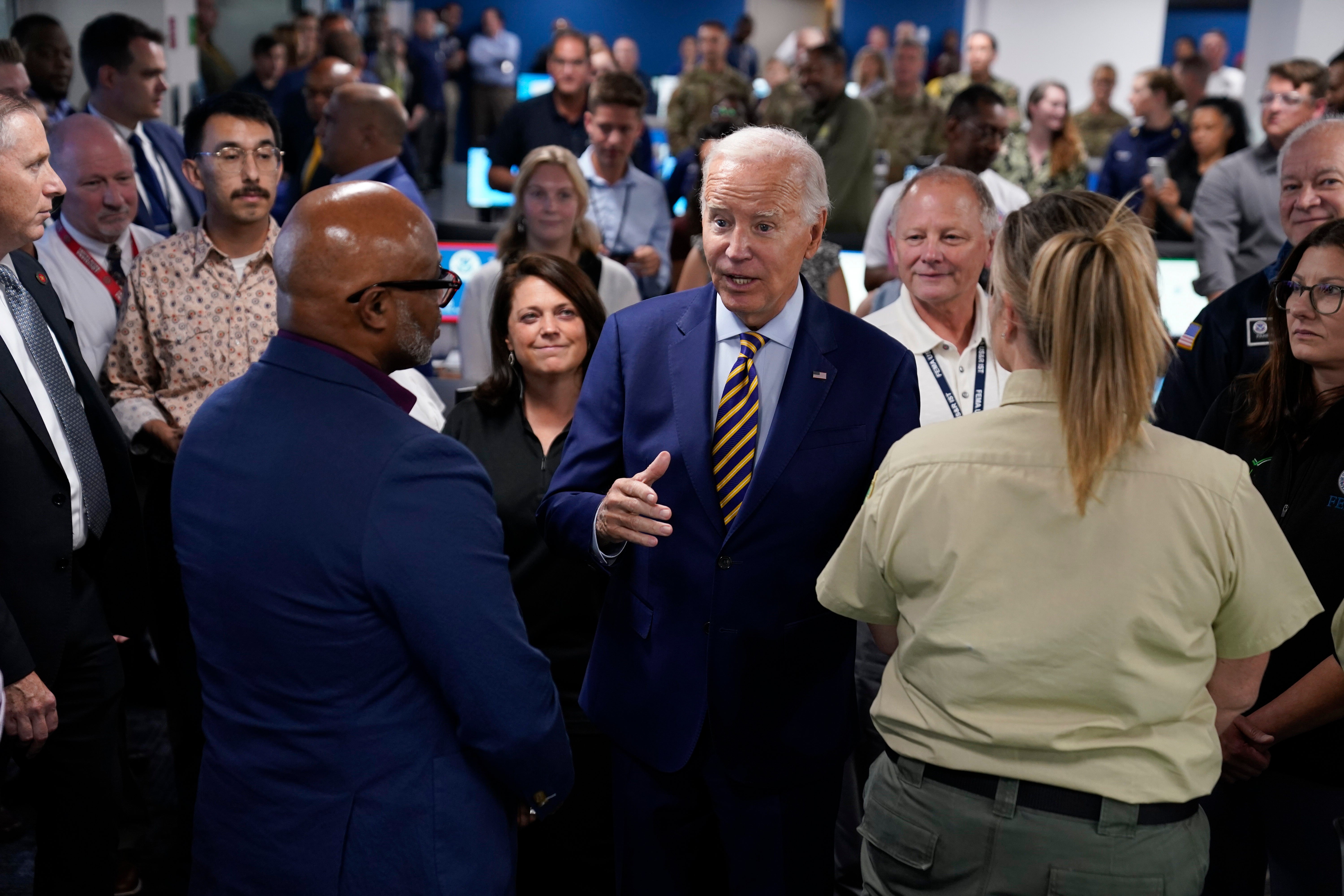 Mr Biden speaks at the Washington headquarters of FEMA on Thursday