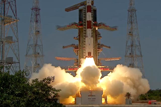 <p> Aditya-L1 spacecraft lifts off on board a satellite launch vehicle from the space center in Sriharikota, India</p>