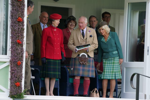 Vice Admiral Sir Tim Laurence, the Princess Royal, the King and the Queen Camilla at the Braemar Gathering (Andrew Milligan/PA Wire)