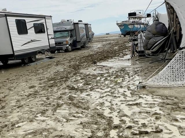 <p>Mud covers the ground at the site of the Burning Man festival</p>