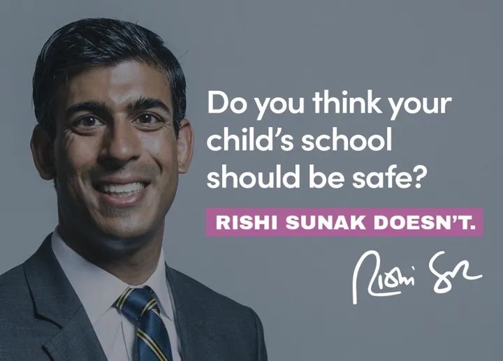 On Sunday, Labour launched its latest attack ad, claiming Mr Sunak does not think schools should be safe