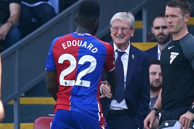 Crystal Palace’s Odsonne Edouard (left) is congratulated by manager Roy Hodgson (Adam Davy/PA)