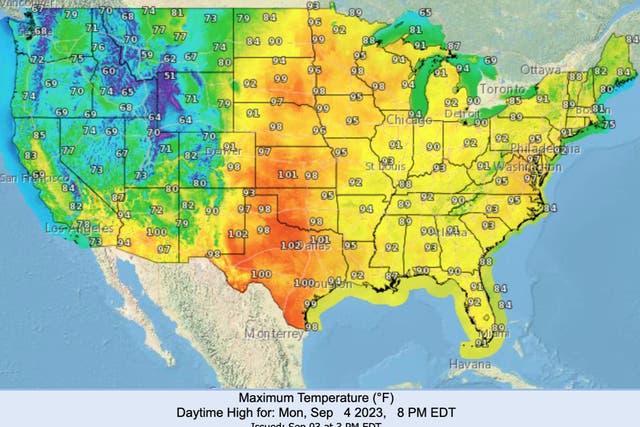 <p>The forecast for Monday, September 4, revealed a heatwave for central and eastern United States </p>