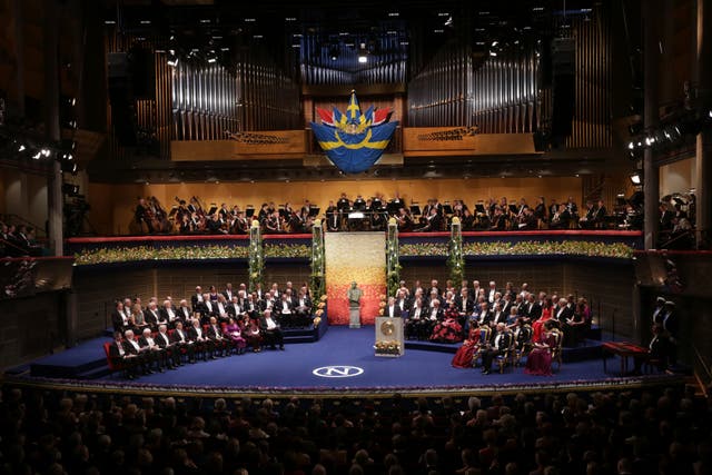 <p>Guest and laureates listen to a speech by Carl-Henrik Heldin, Chairman of the Board of the Nobel Foundation during the 2015 Nobel prize award ceremony at the Stockholm Concert Hall on 10 December 2015</p>