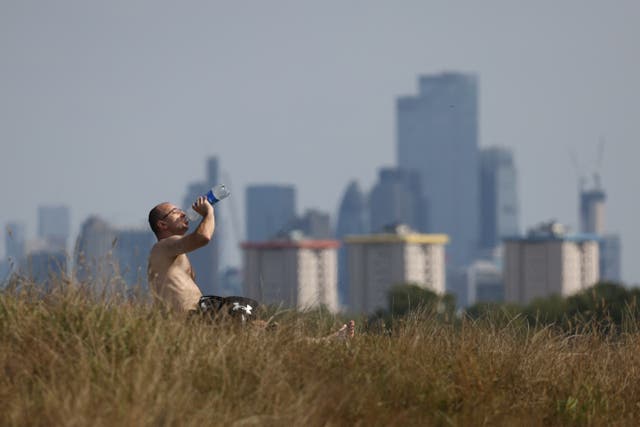 <p>A man drinks from a bottle at Primrose Hill, in London, on Sunday</p>