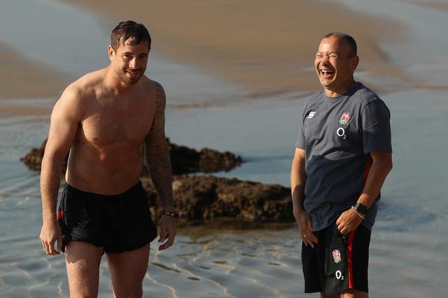 <p>Danny Cipriani and Eddie Jones in South Africa in 2014</p>