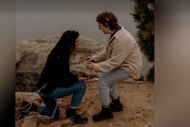 <p>Unknowing couple Autumn Velin and Rebecca Dolge hire same photographer to capture surprise proposals.</p>
