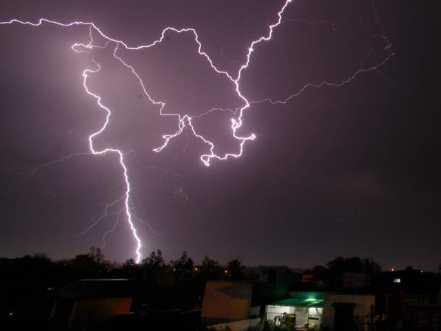 <p>File: A bolt of lightning strikes in the horizon in India</p>