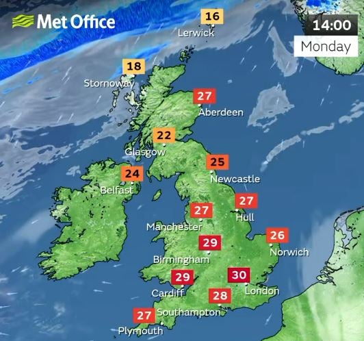The forecast for Monday shows temperatures hitting 30C already