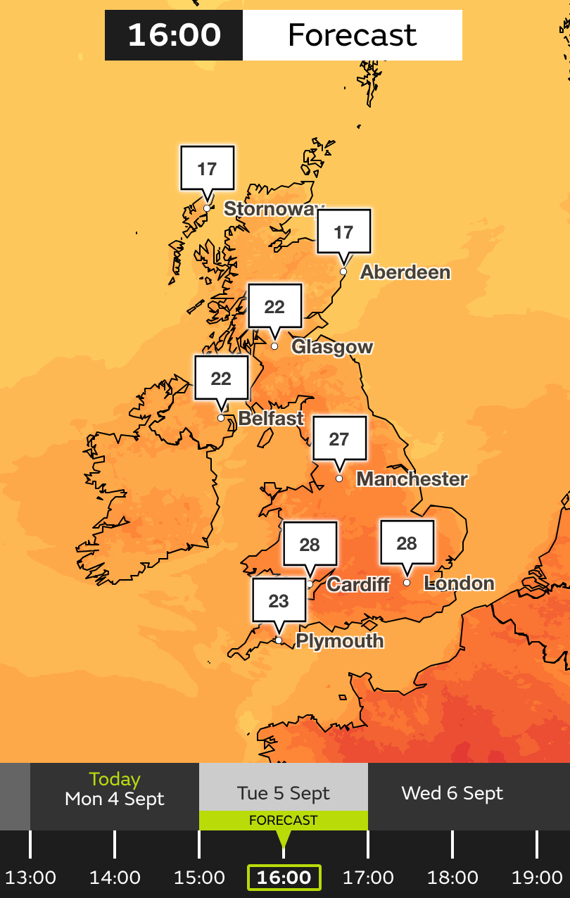 On Tuesday, London is expected to reach 27C