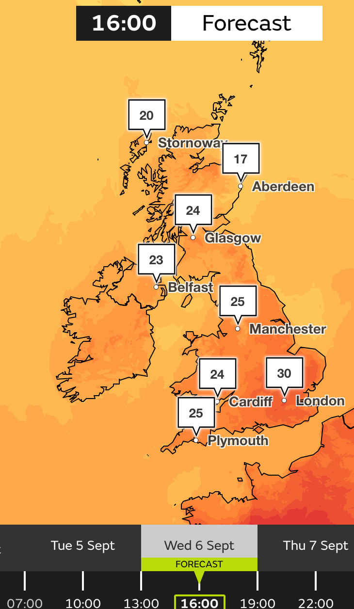 Up north in Manchester, similar highs of 27C are expected, cooling down to a slightly cloudier 25C on Wednesday